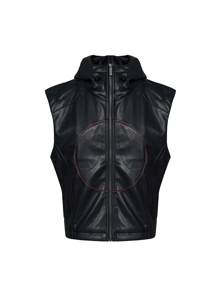 Black Sleeveless Hooded Leather Vest