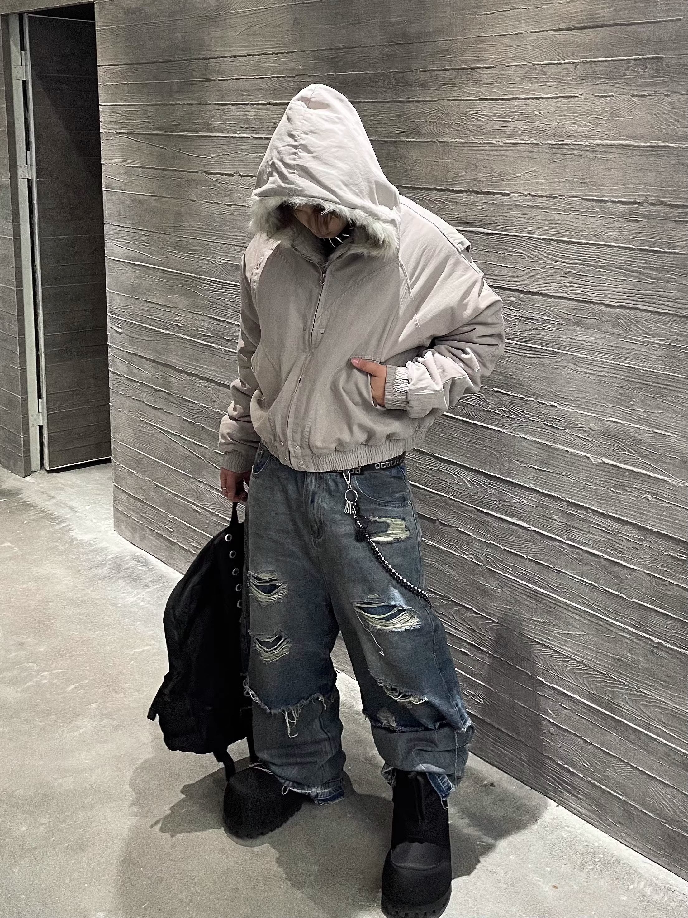 인조 모피 후드 봄버 재킷