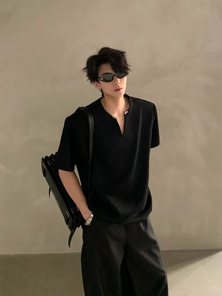 Minimalist Short Sleeve Shirt with V Notch Neckline