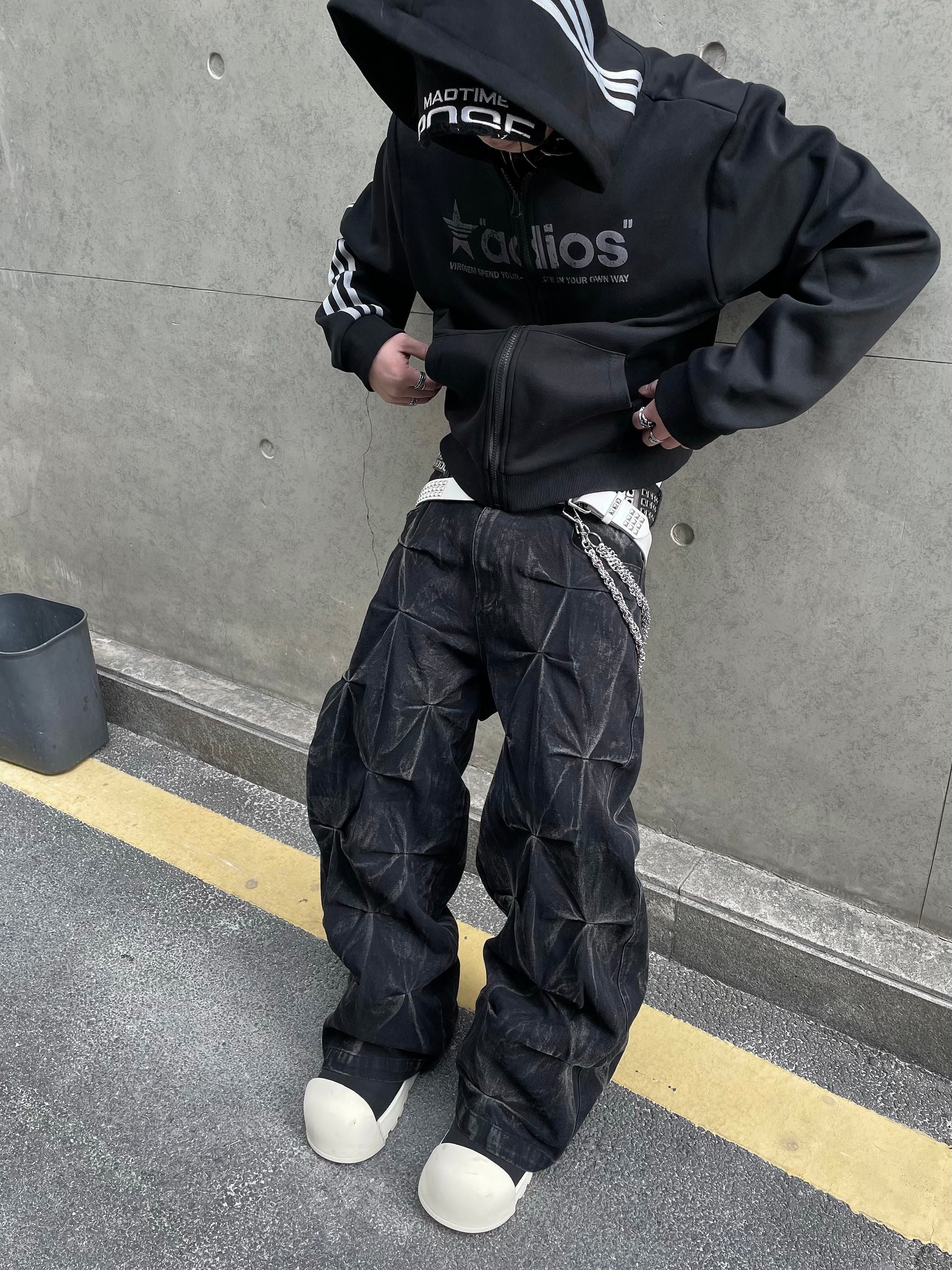 3D Geometric Pleated Wide Leg Jeans