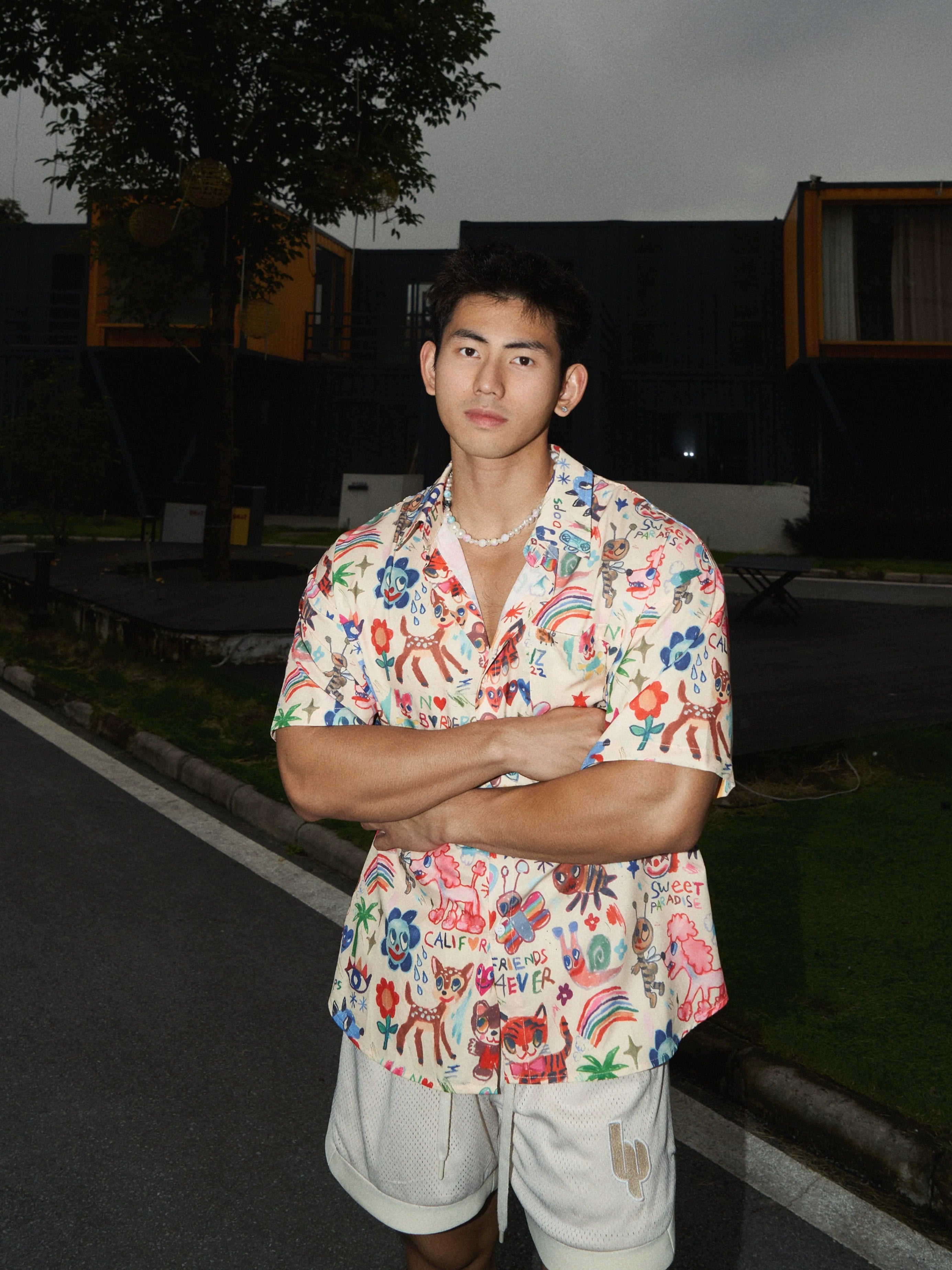 Cartoon Print Short-Sleeve Button-Up Shirt