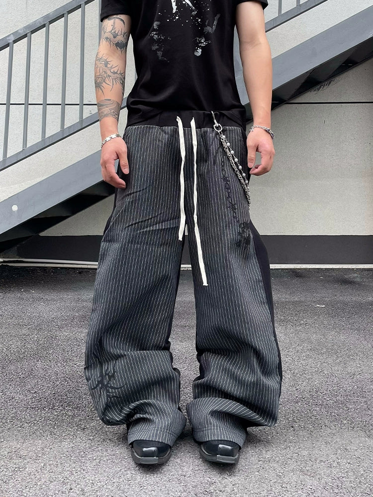 Pinstripe Wide-Leg Drawstring Pants