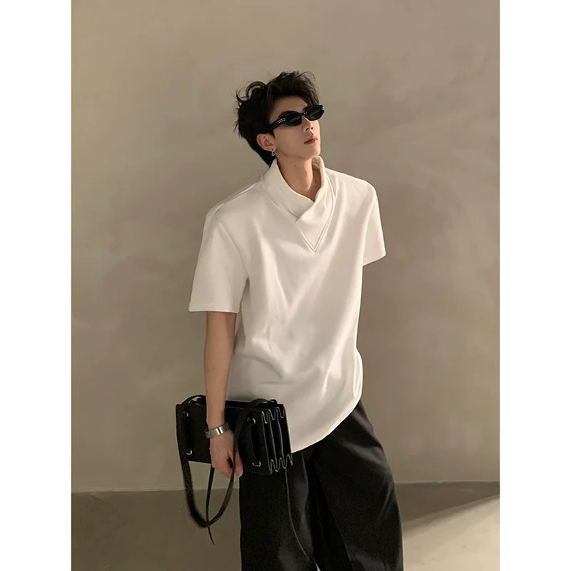 Minimalist Short Sleeve Shirt with Overlapping High Collar