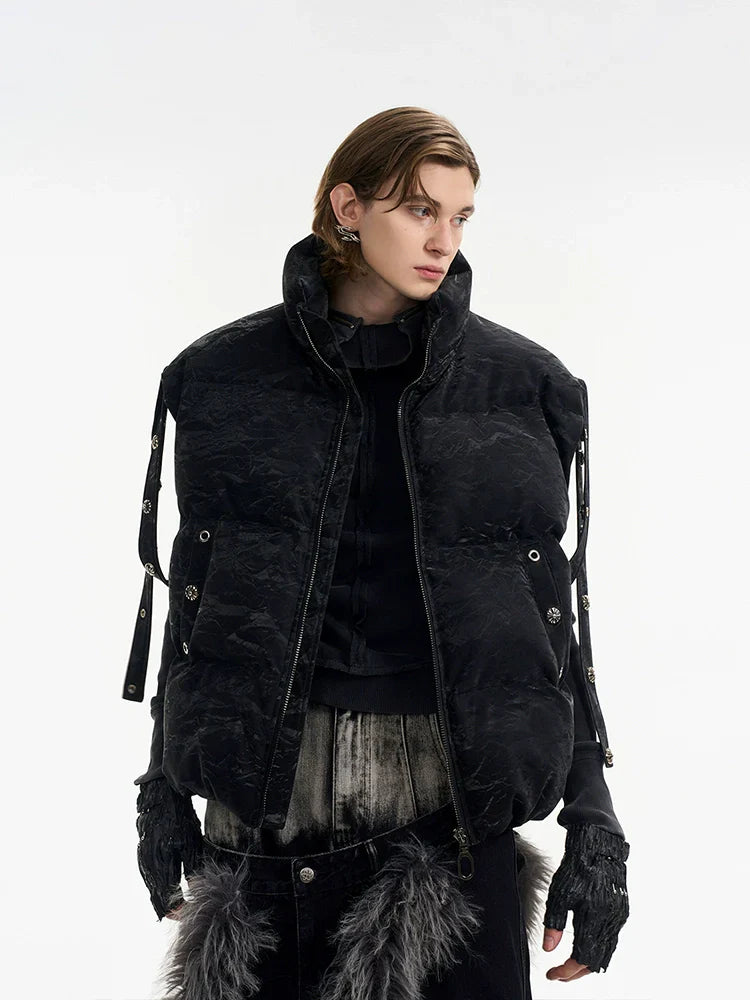 Textured Black Puffer Vest with Hardware Details and Grommet Straps