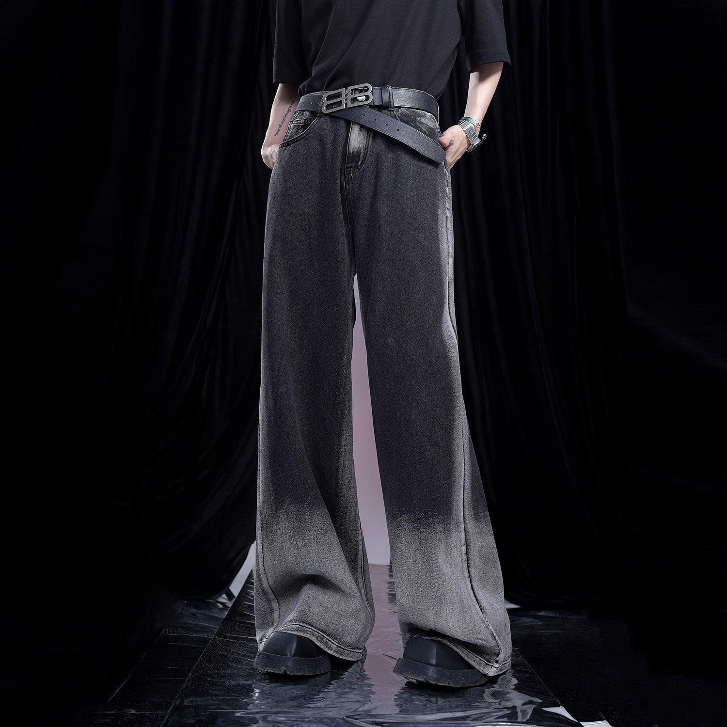 Gradient Washed Wide Leg Denim Jeans