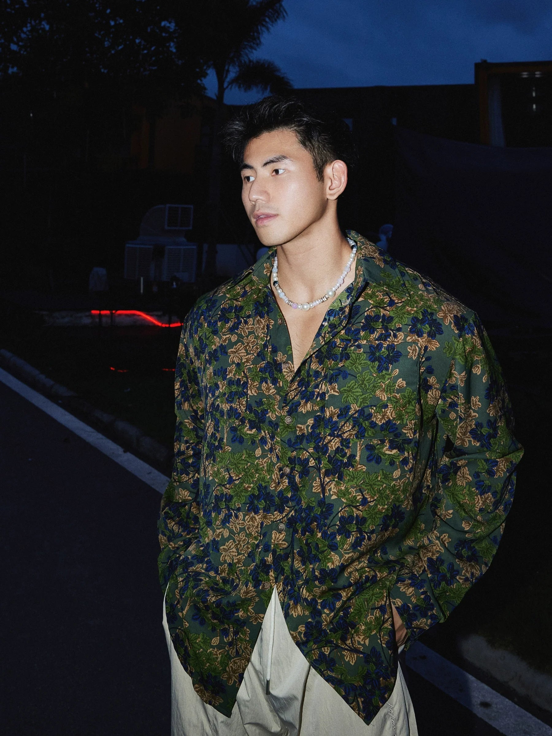 Green and Navy Floral Print Silk Shirt
