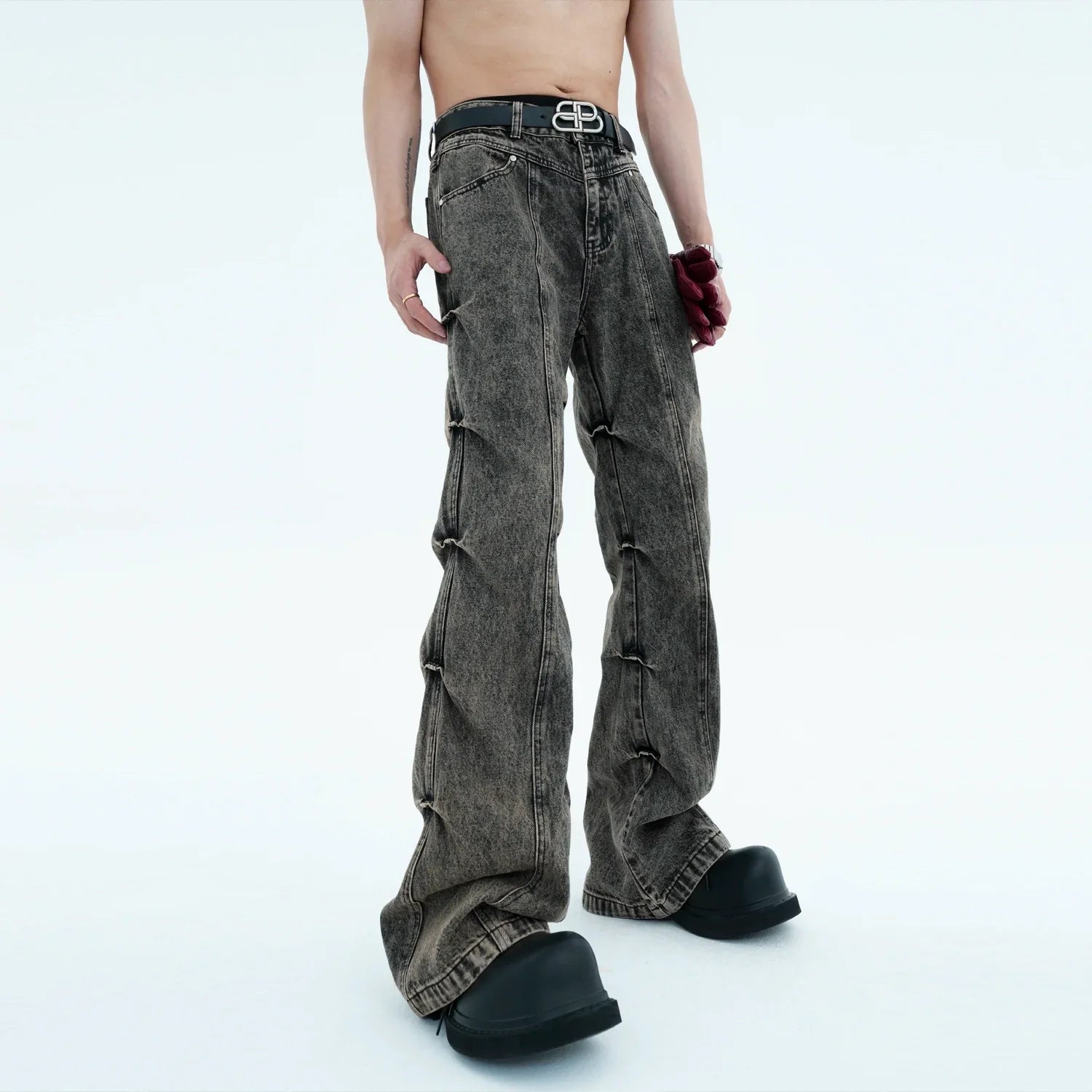 Pleated Distressed Bootcut Jeans