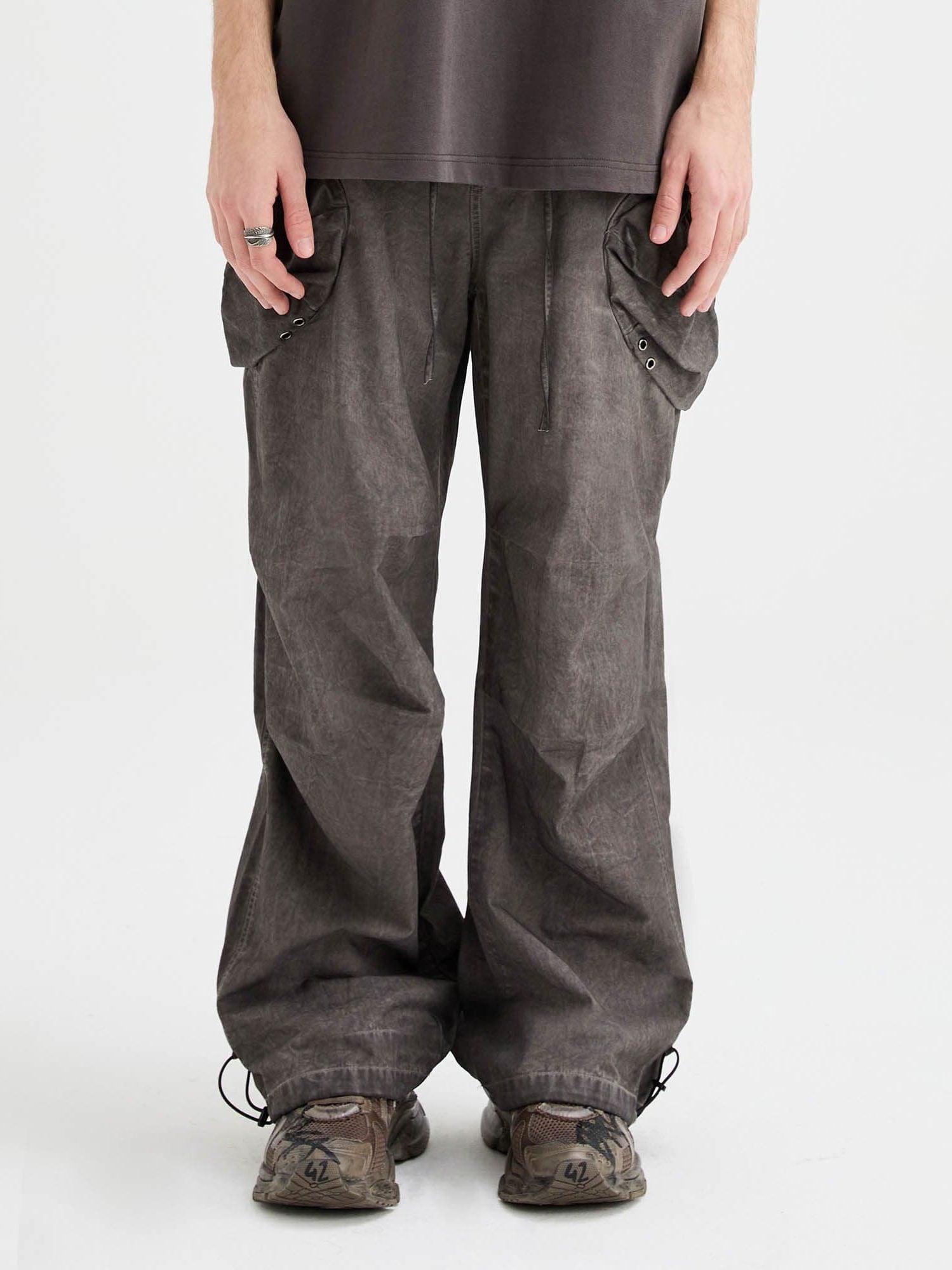 Multi-Pocket Crinkled Drawstring Cargo Pants
