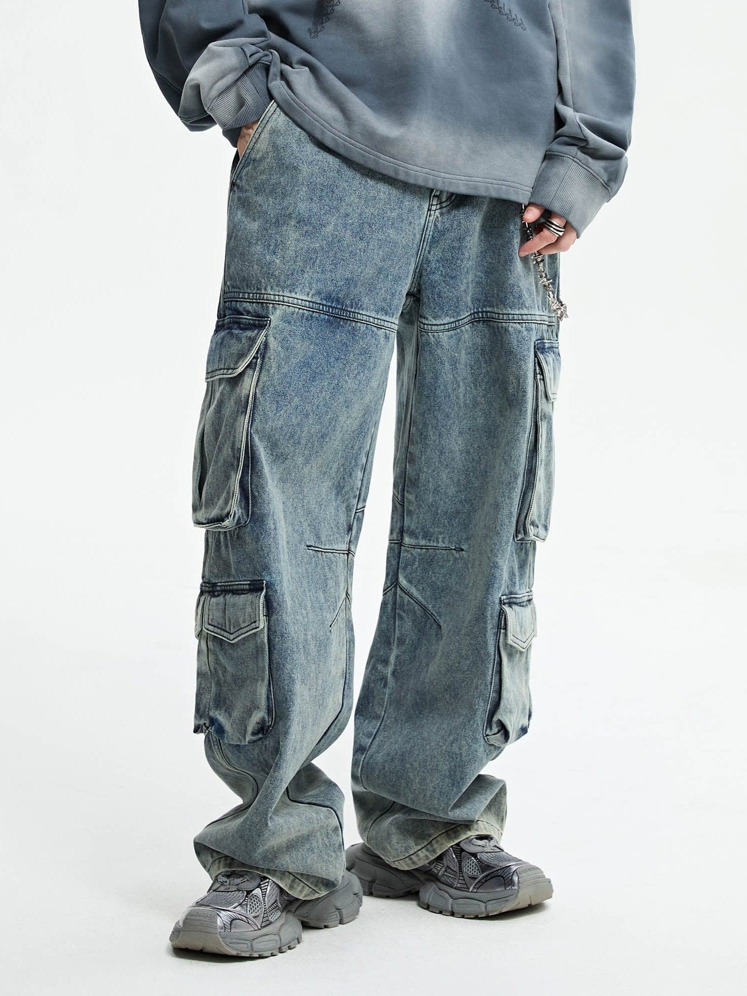 Washed Gradient Denim Cargo Jeans