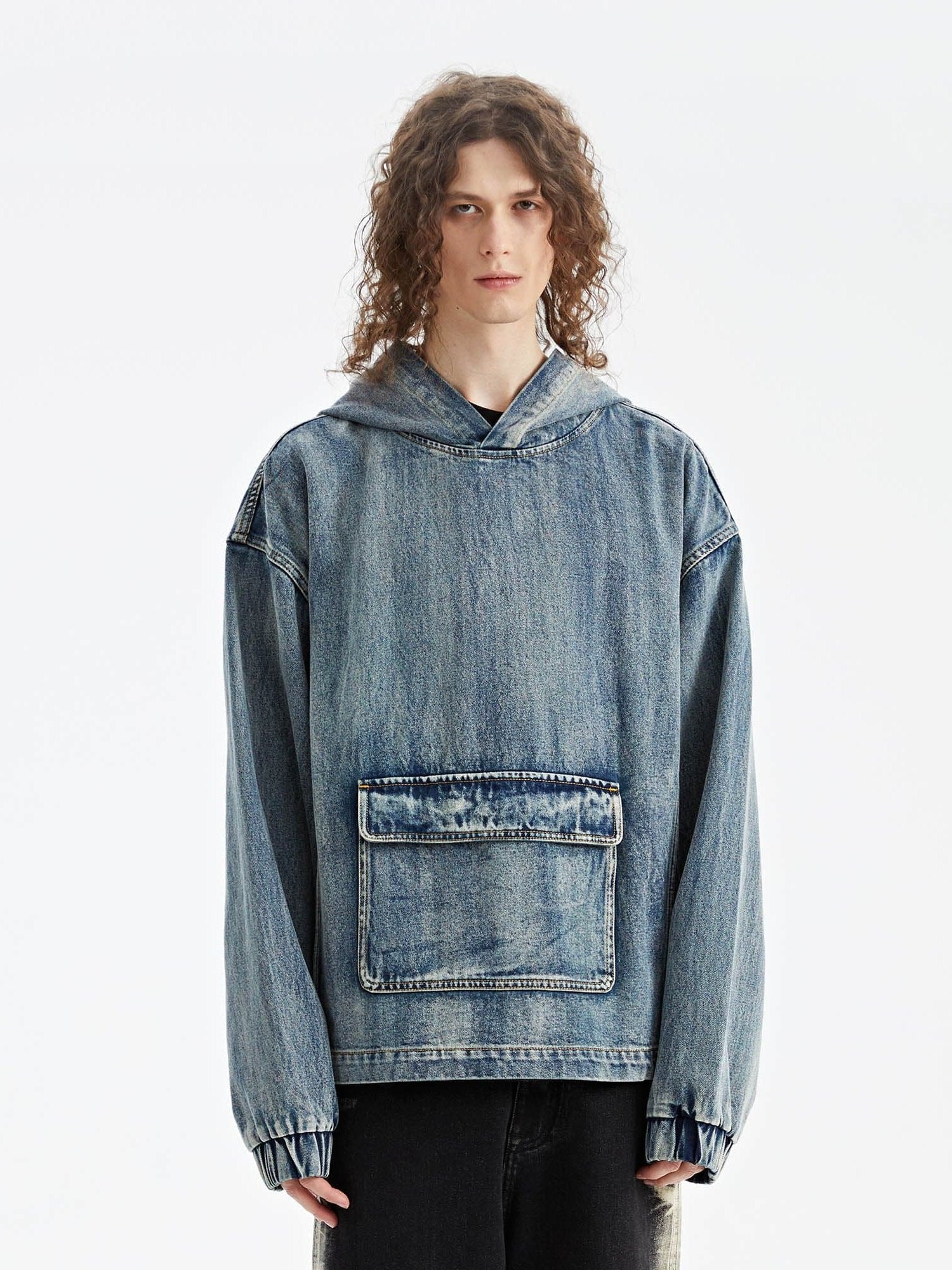Oversized Denim Hoodie with Front Pocket