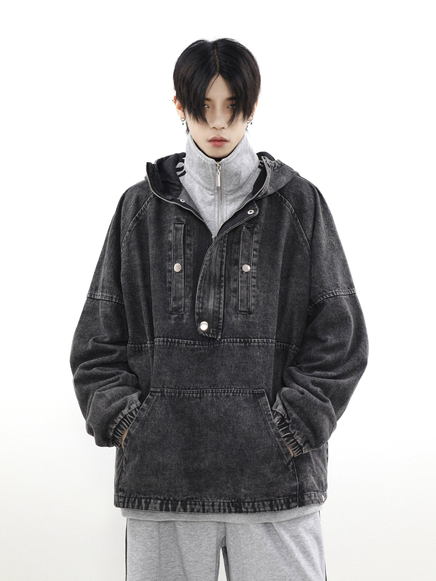 Zip-Front Denim Oversize Hoodie - chiclara