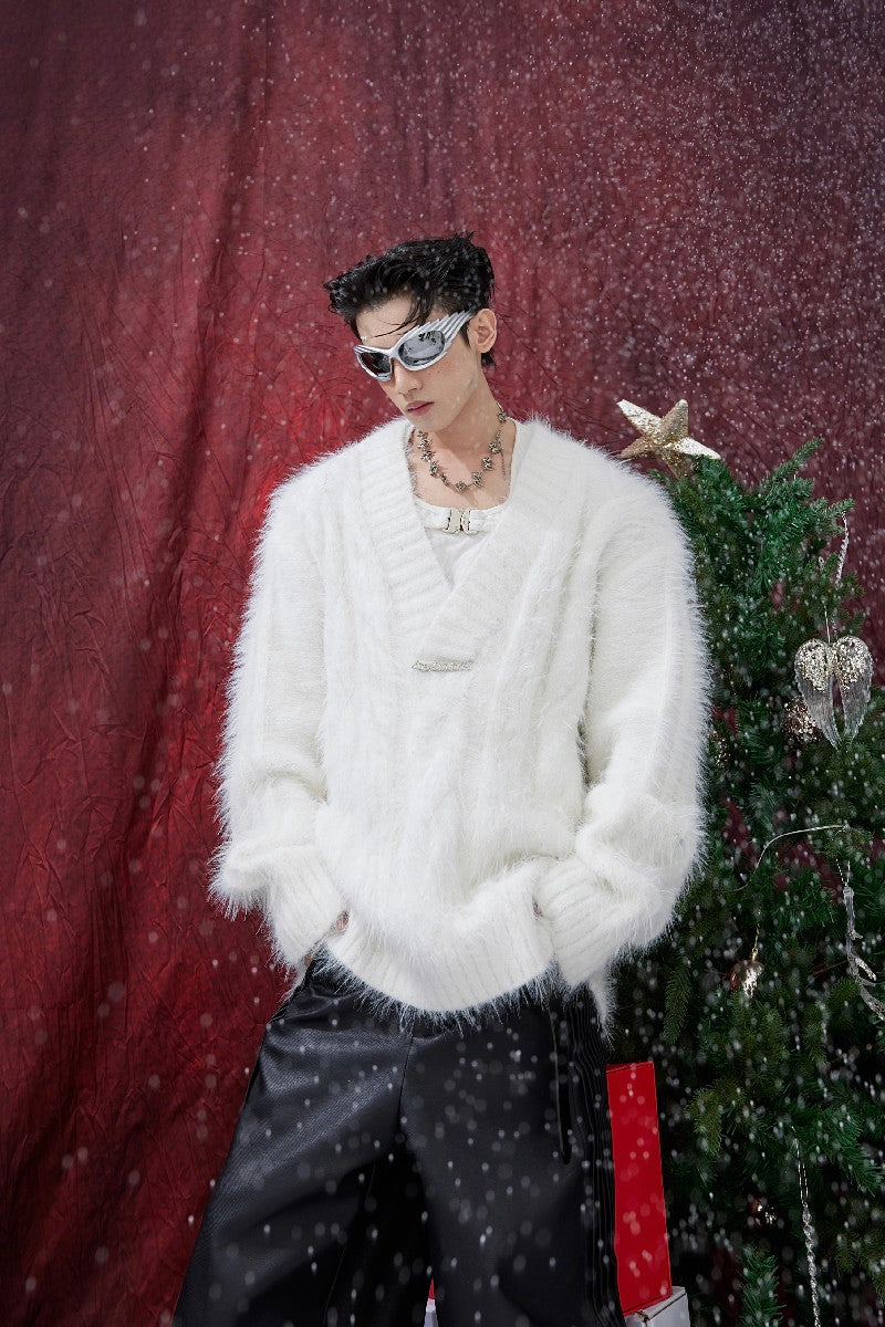 Faux Fur V-Neck Sweater - chiclara