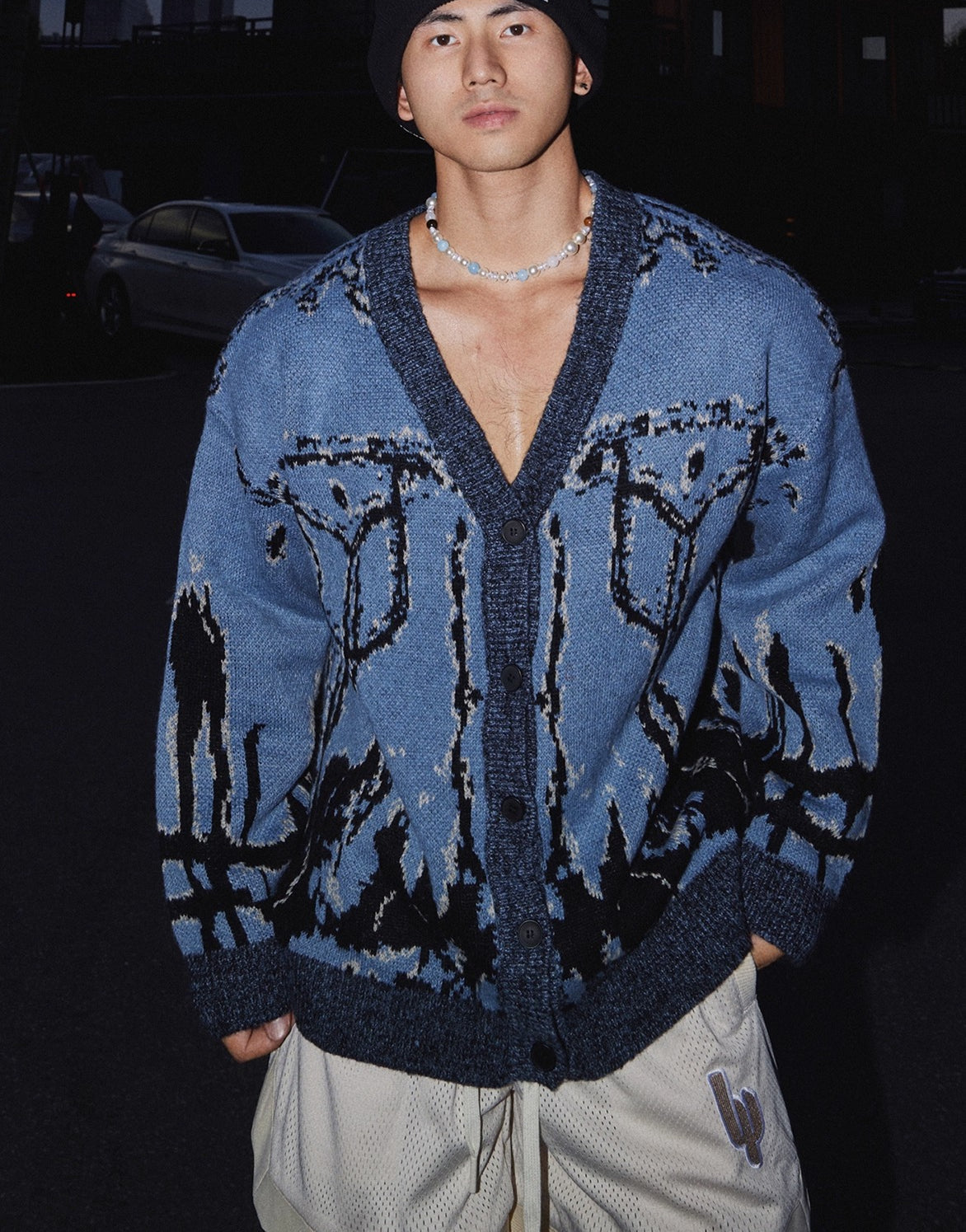 Blue Abstract Pattern Knit Cardigan