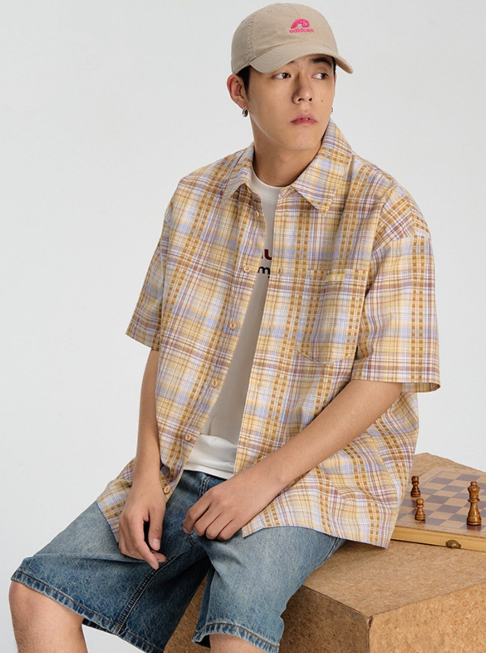 Summer Shirt with Embroidered Checkered Pattern - chiclara