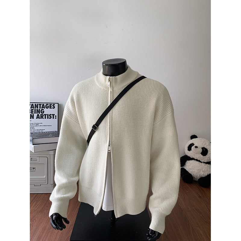 Double-zipper stand-collar oversized knitted sweater coat MY121