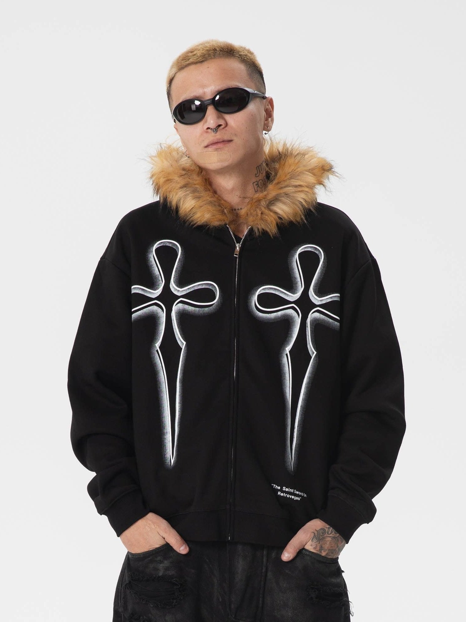 Gothic Cross Fur Hoodie Jacket