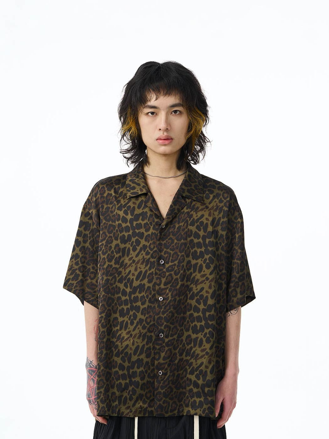 Olive Green Leopard Print Short Sleeve Shirt